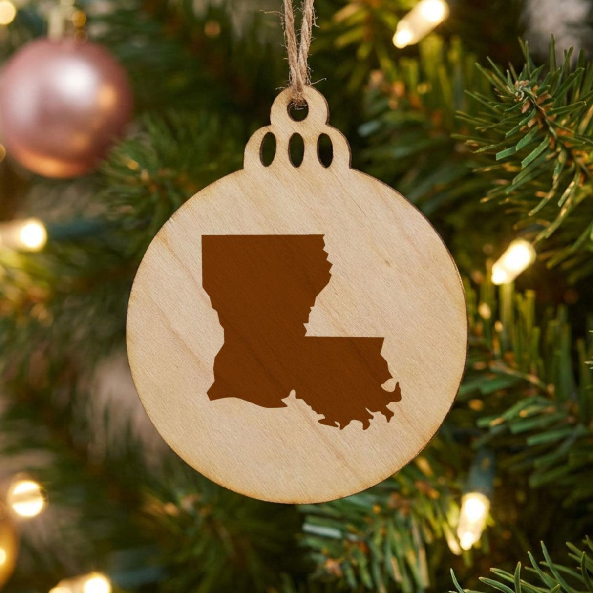 Louisiana round wood Christmas ornament with the full state shape engraved