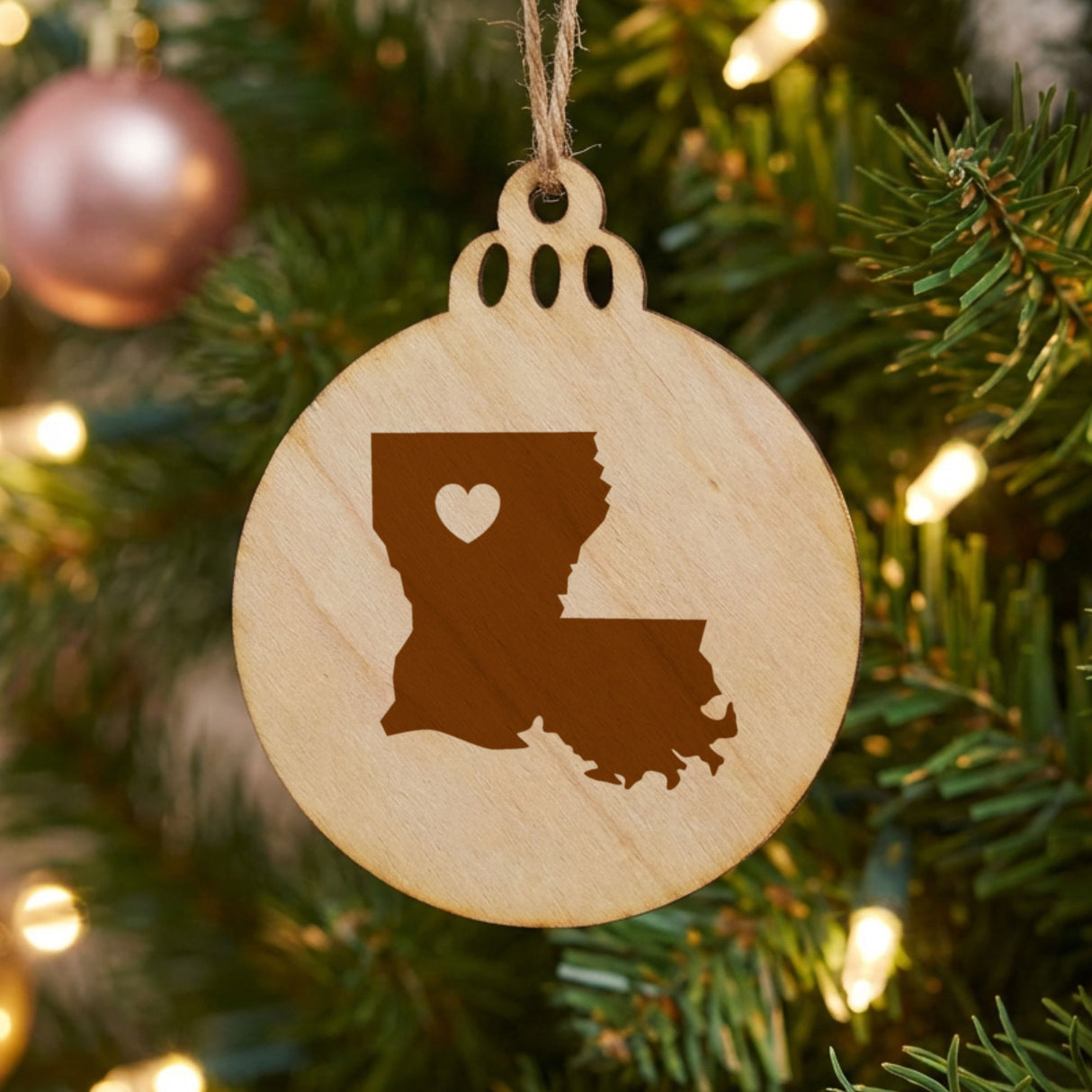 Louisiana round wood Christmas ornament engraved with the state shape and a heart