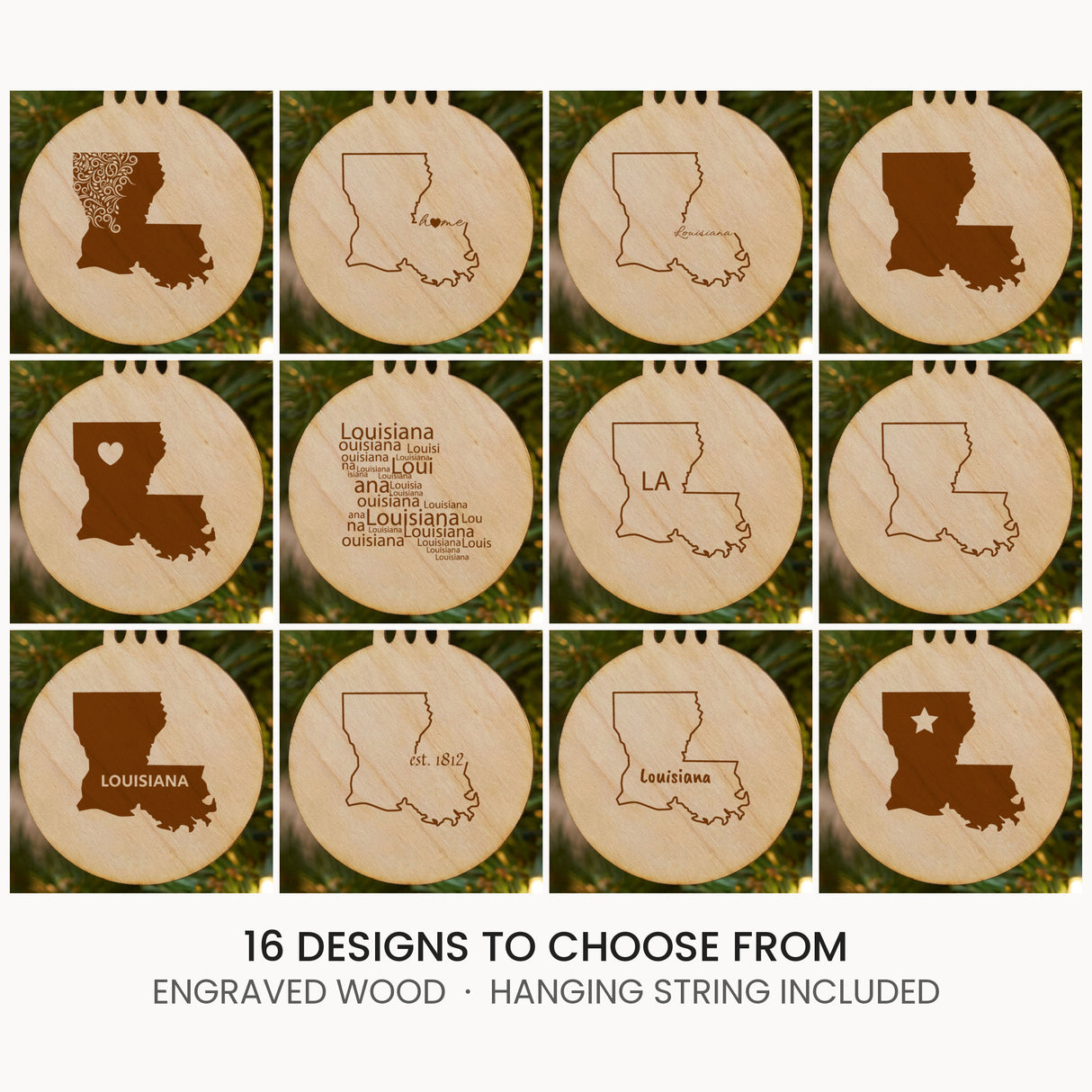 Louisiana wood Christmas ornament, laser engraved natural wood