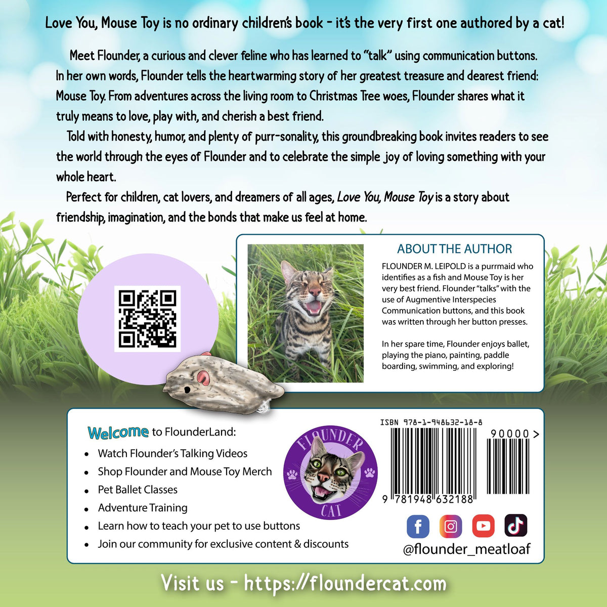 Back cover of the children's book 'Love You, Mouse Toy!' by Flounder, featuring a green and white illustrated design with a synopsis of the story, an author bio, social media handles, and a website URL.
