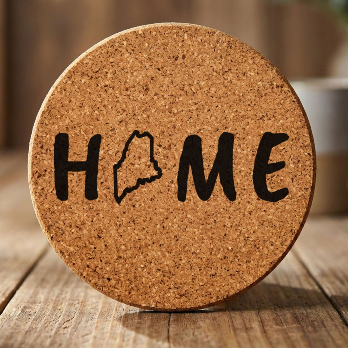 Maine round cork coaster engraved with HOME using the state outline as the letter O