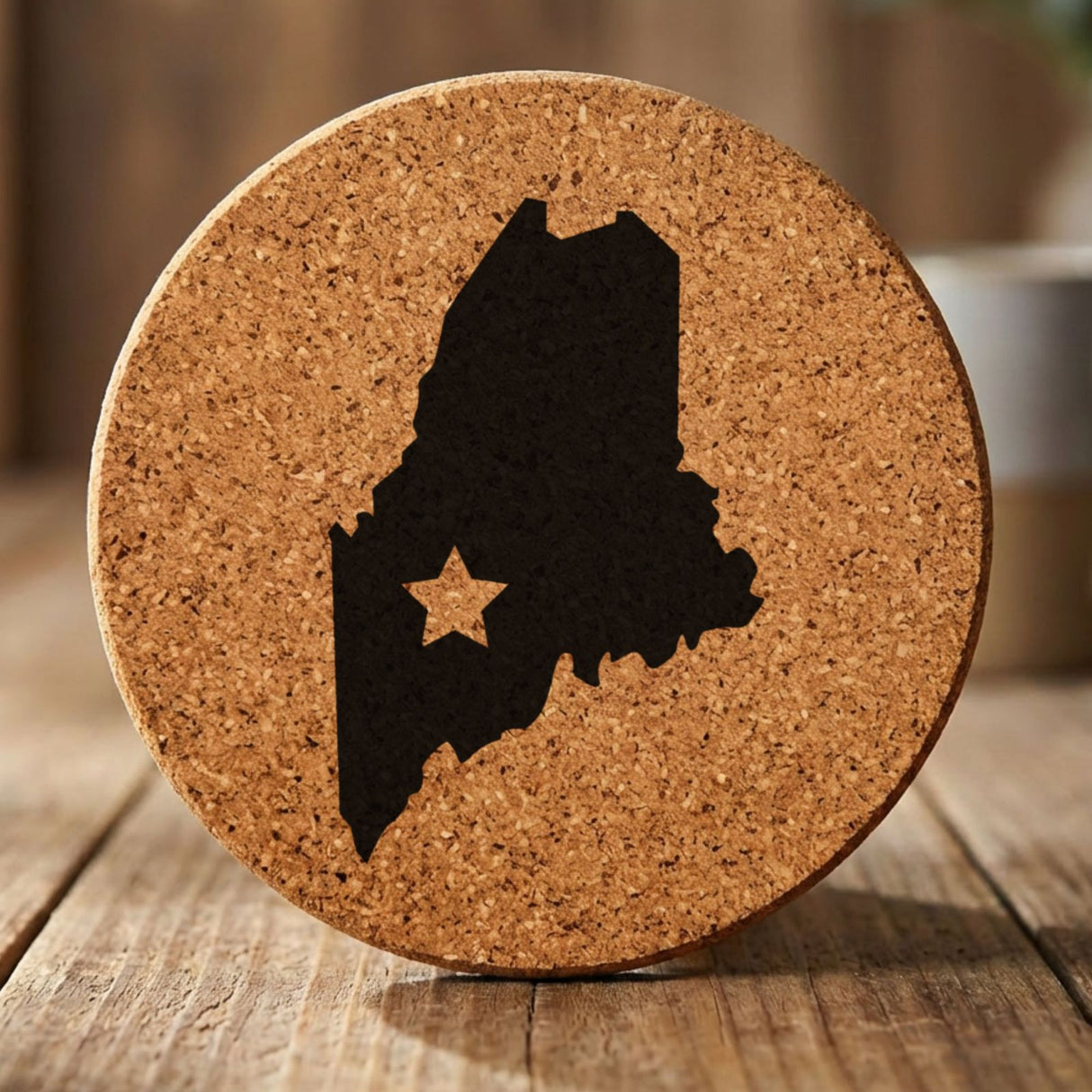 Maine round cork coaster engraved with the state shape and a star