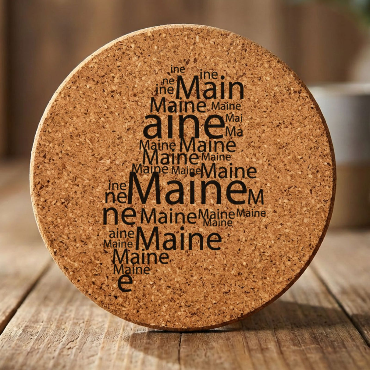 Maine round cork coaster engraved with a word cloud of repeating Maine text