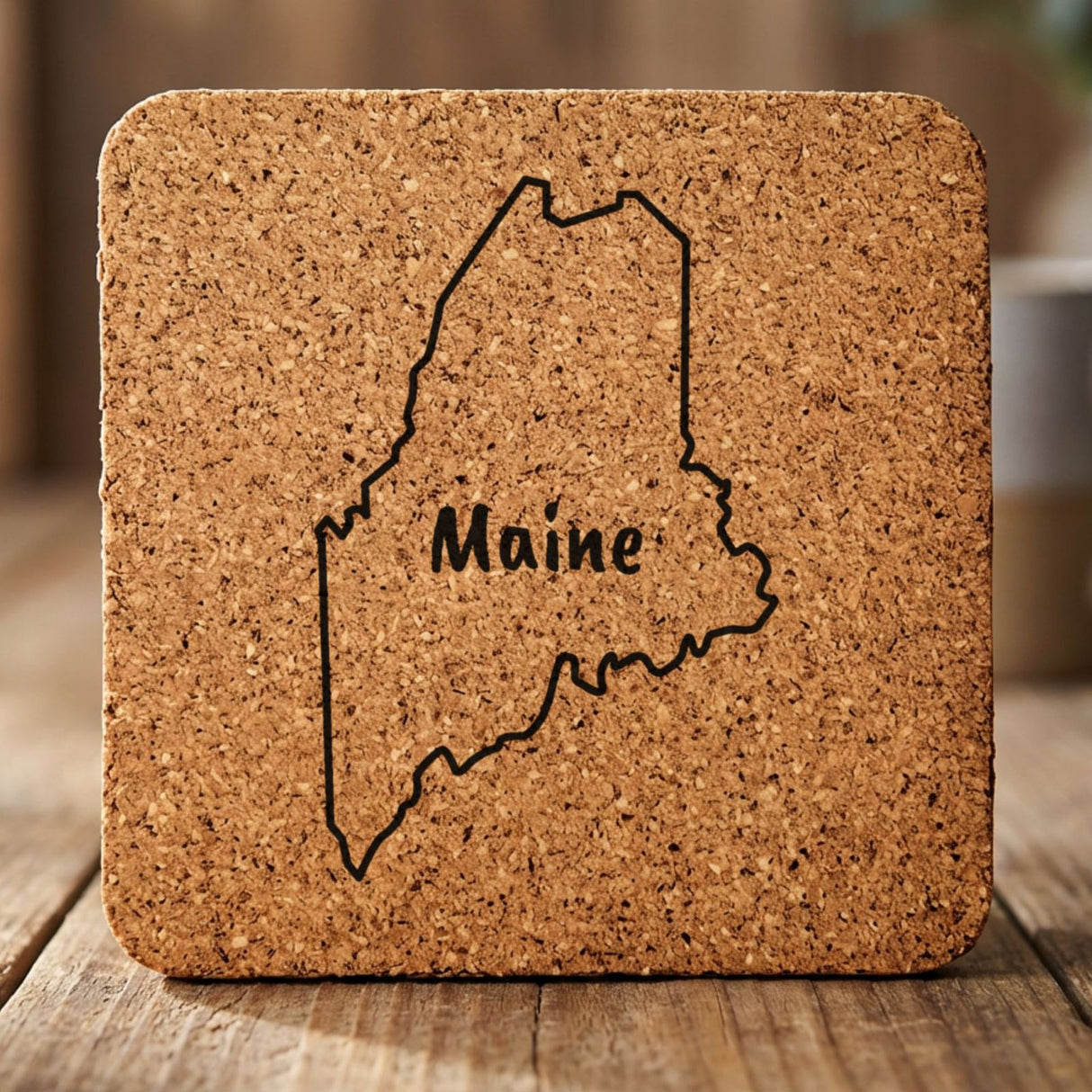 Maine square cork coaster engraved with the state outline and MAINE in hand-drawn brush lettering