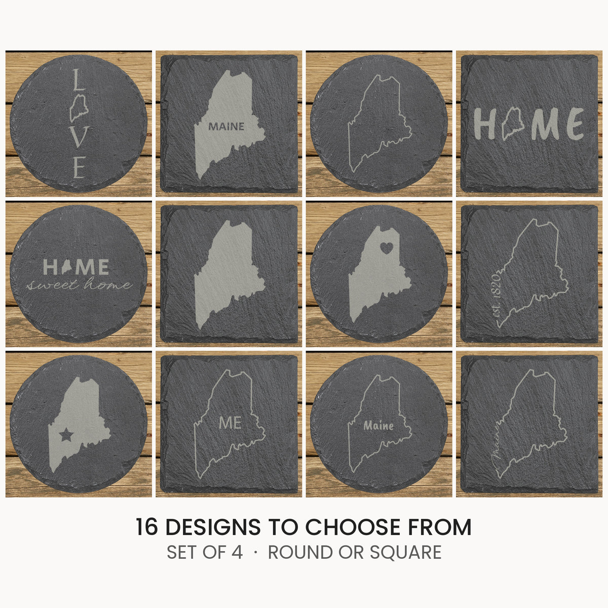 Maine slate coaster set, laser engraved natural stone