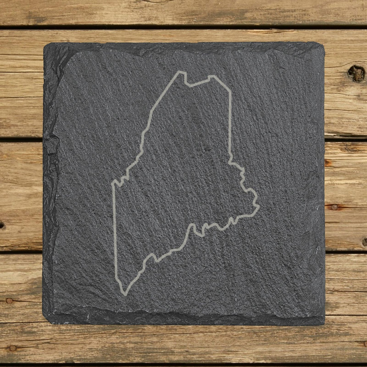 Maine square slate coaster engraved with a clean state outline