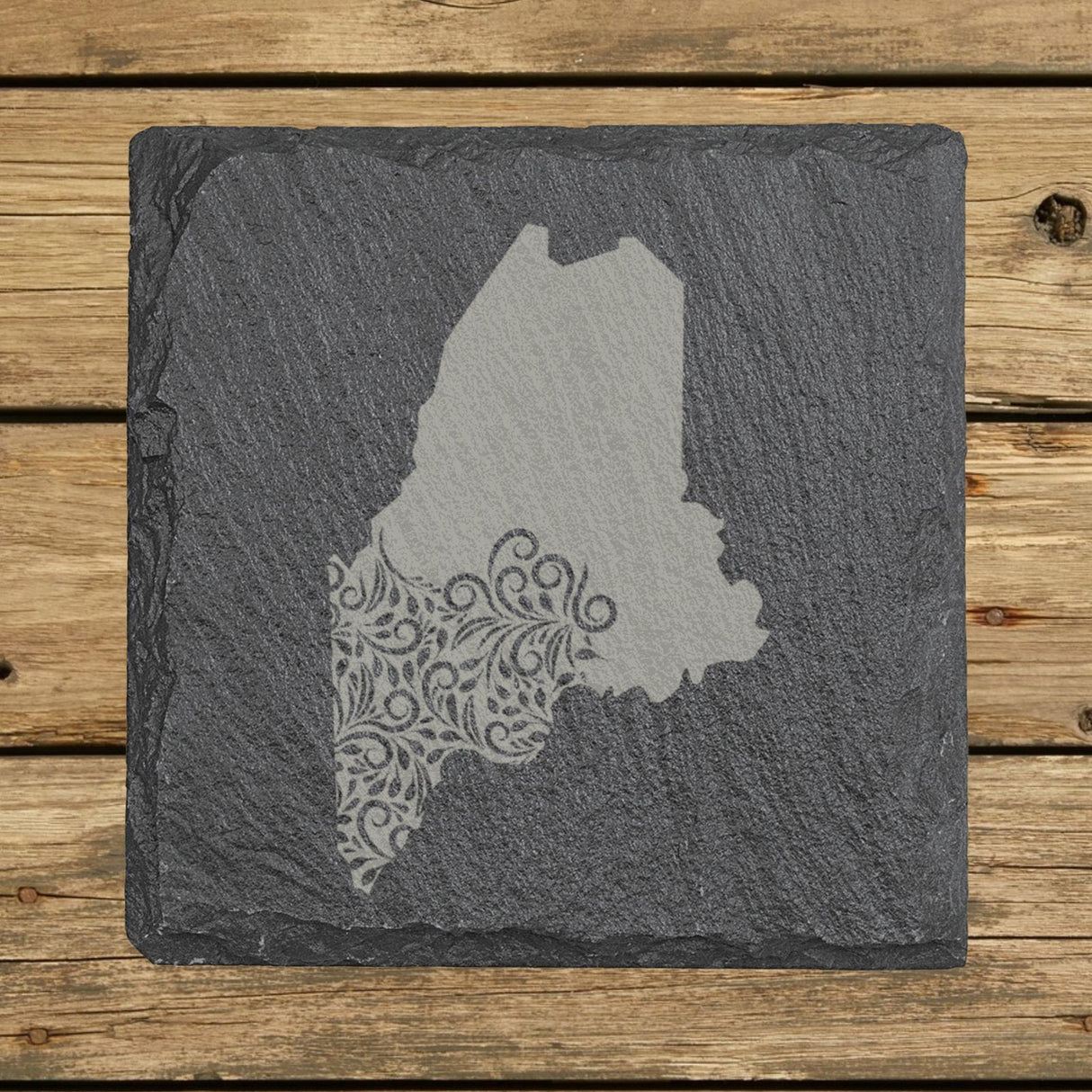 Maine square slate coaster engraved with the state shape in ornate floral scrollwork