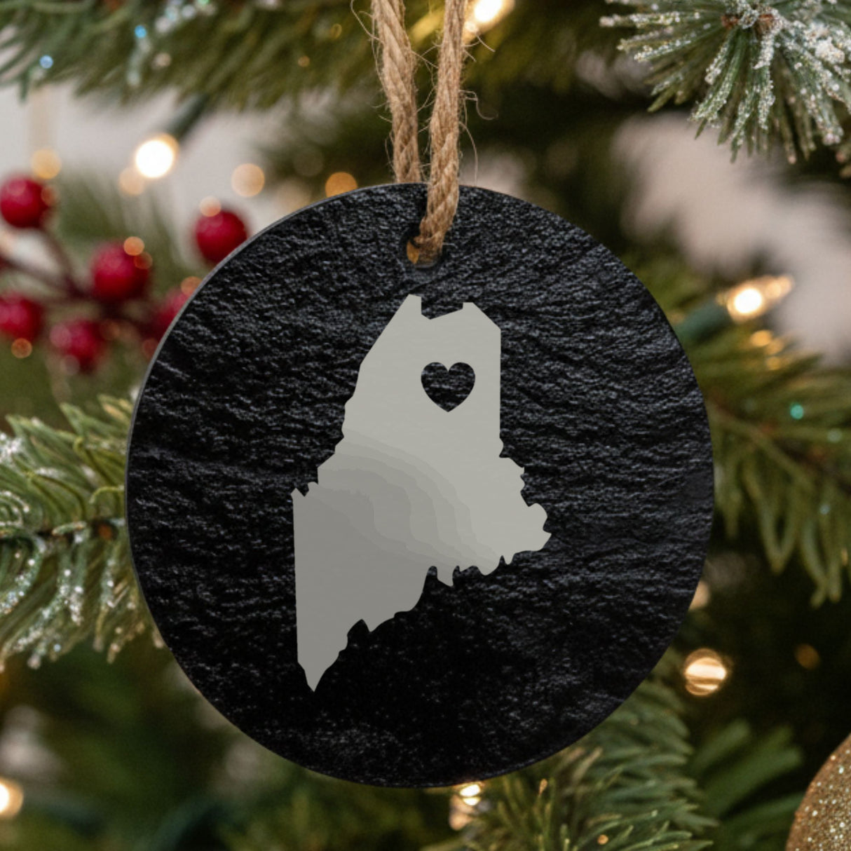 Maine round slate Christmas ornament engraved with the state shape and a heart