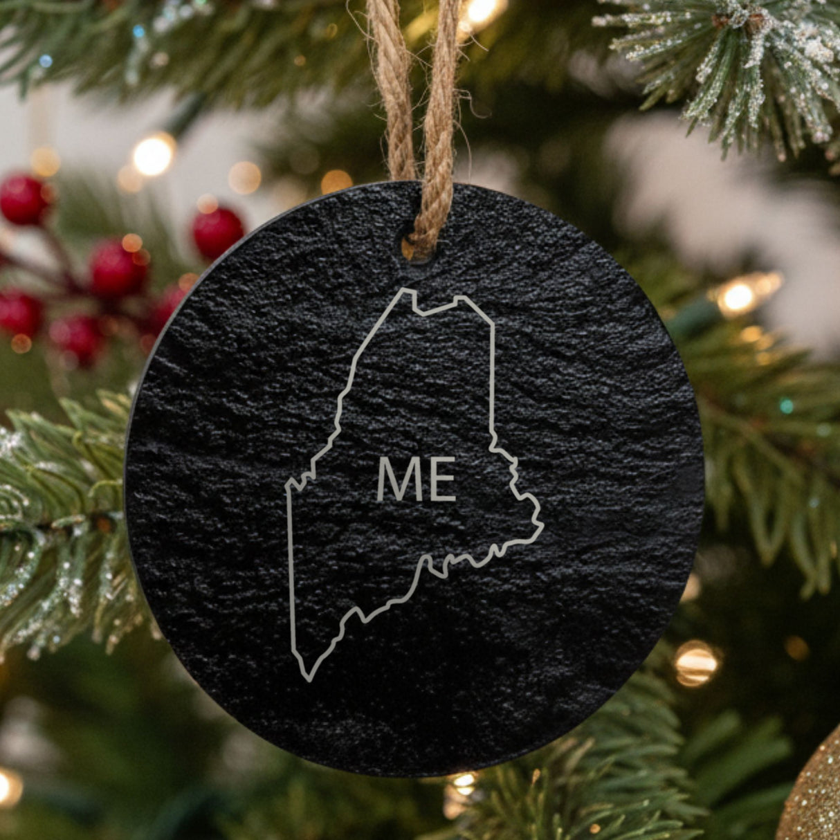 Maine round slate Christmas ornament engraved with the state outline and ME initials