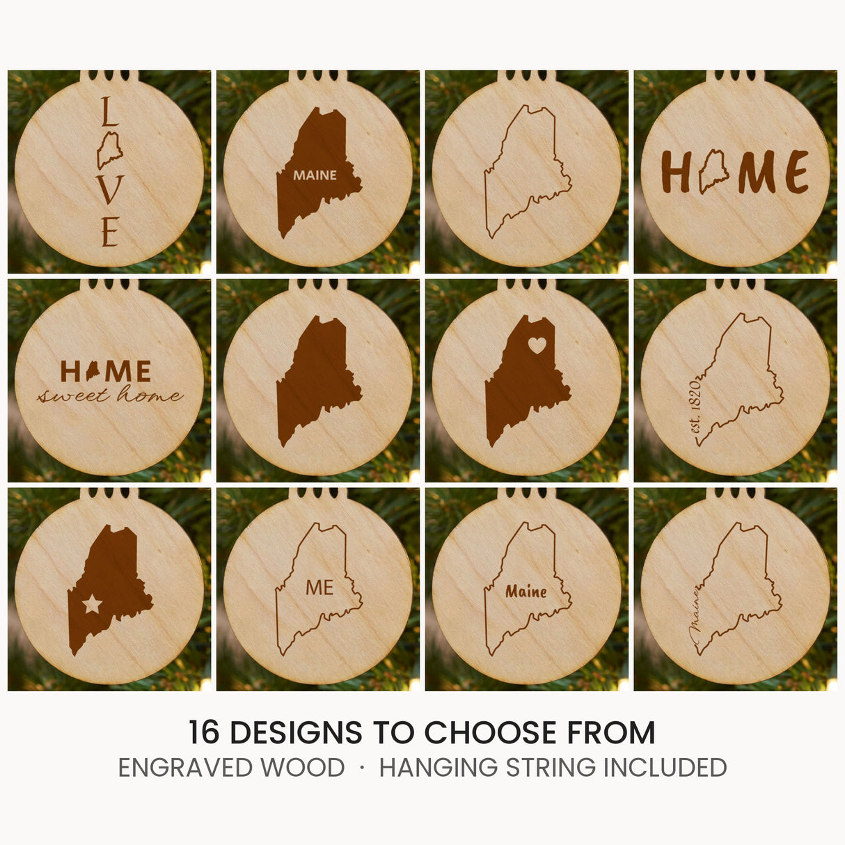 Maine wood Christmas ornament, laser engraved natural wood