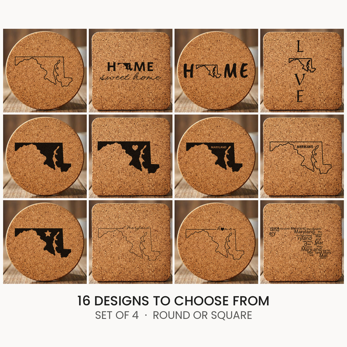 Maryland cork coaster set, laser engraved natural cork