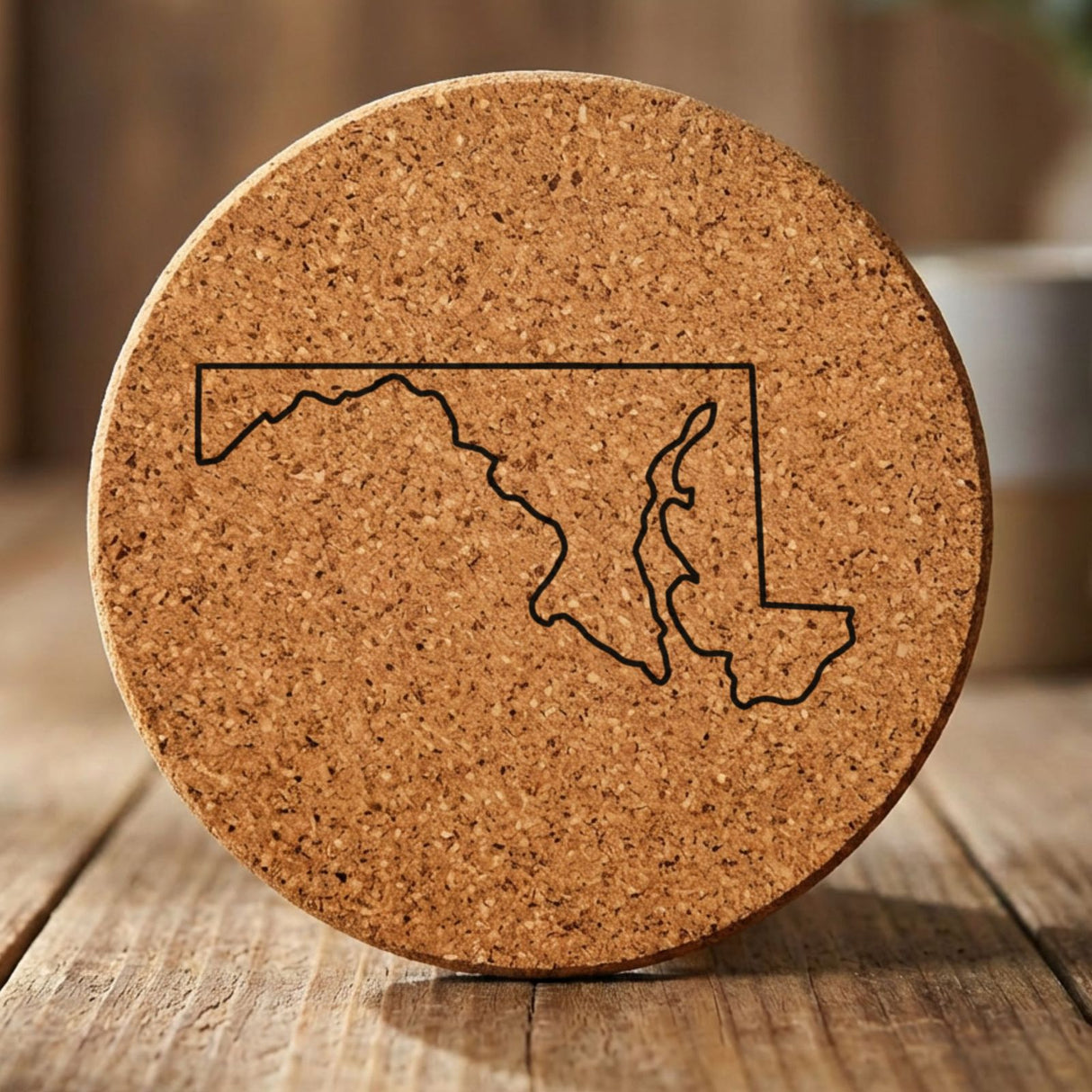 Maryland round cork coaster engraved with a clean state outline