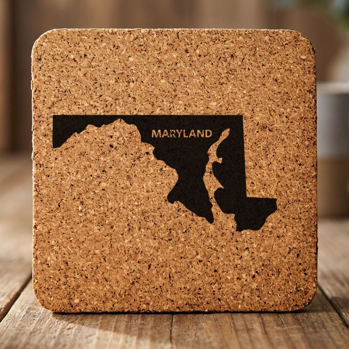 Maryland square cork coaster engraved with the state shape and MARYLAND in bold lettering