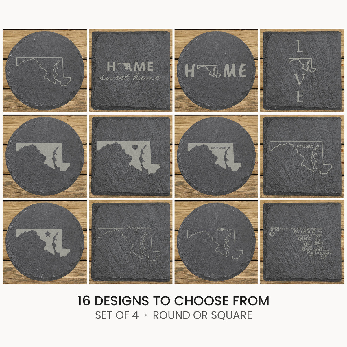 Maryland slate coaster set, laser engraved natural stone