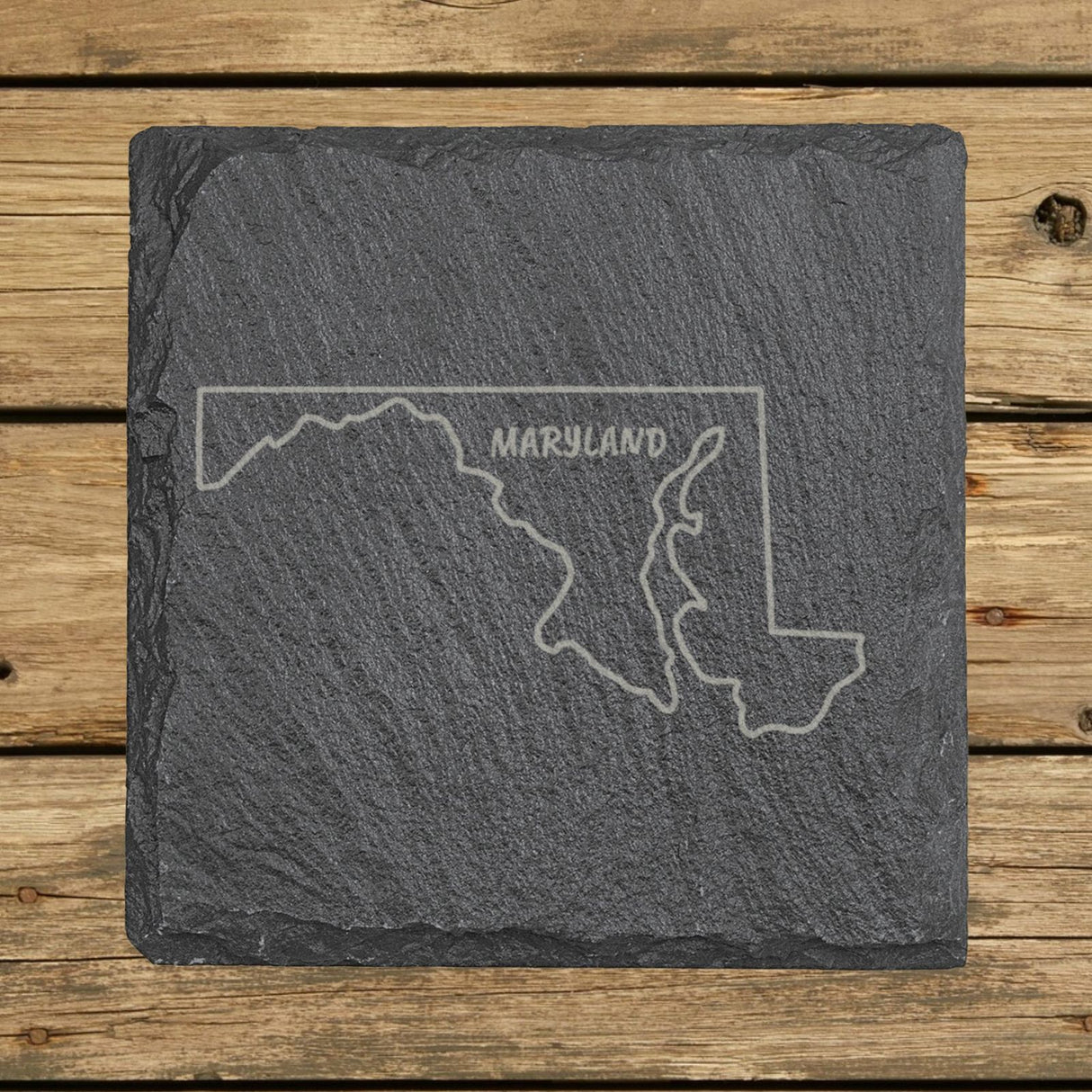 Maryland square slate coaster engraved with the state outline and MARYLAND in hand-drawn brush lettering