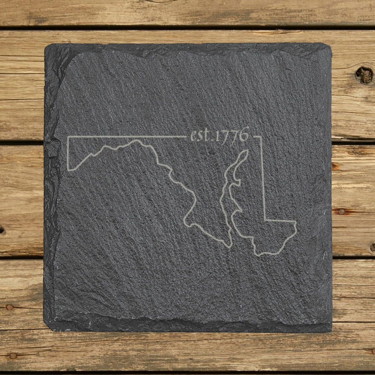 Maryland square slate coaster engraved with the state outline and est. 1776