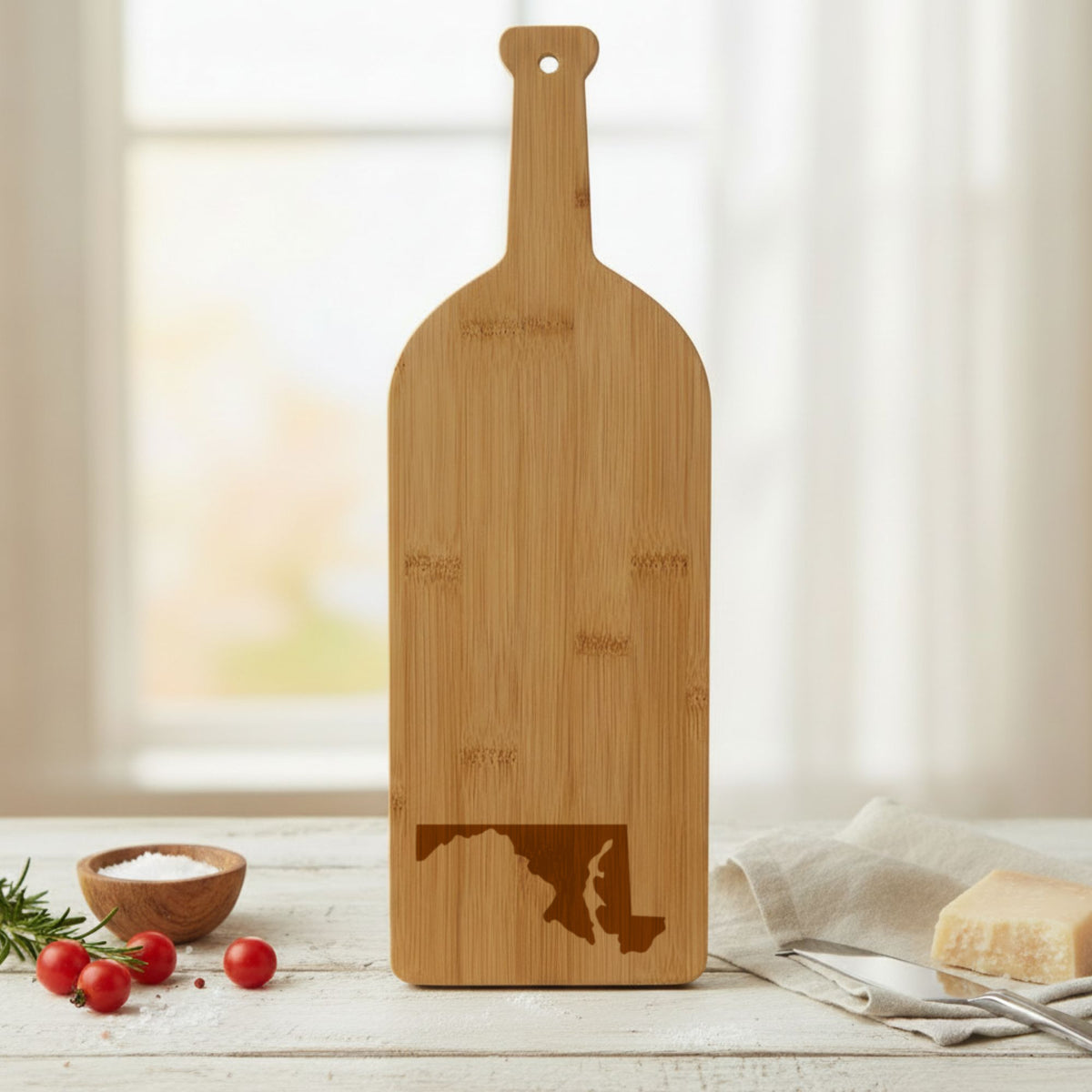 Bamboo wine bottle cutting board engraved with the Maryland Engraved State design