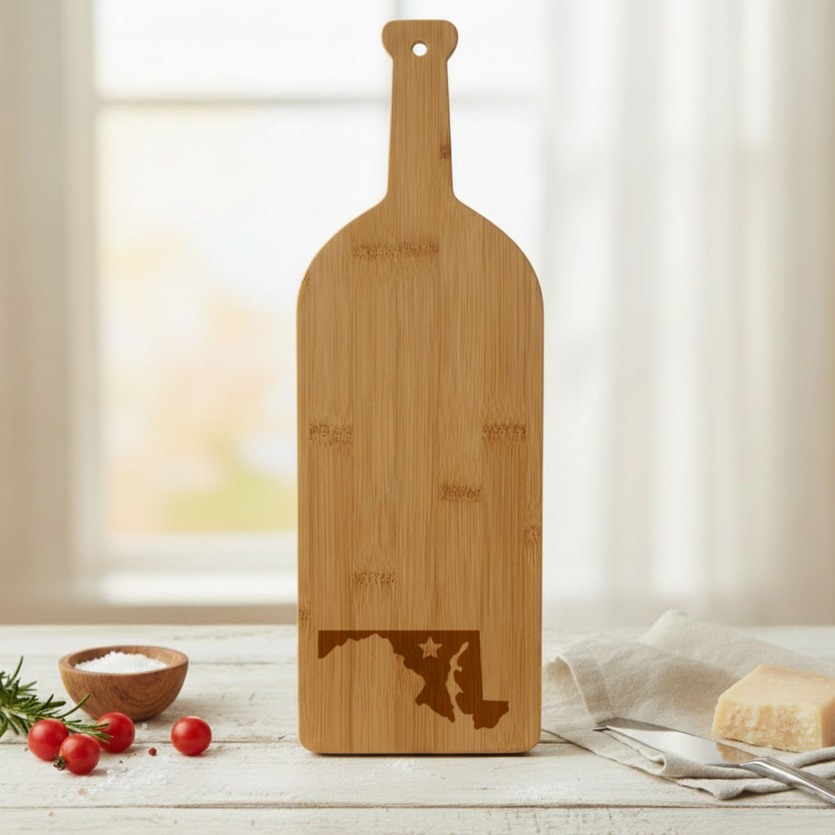 Bamboo wine bottle cutting board engraved with the Maryland Star Accent design