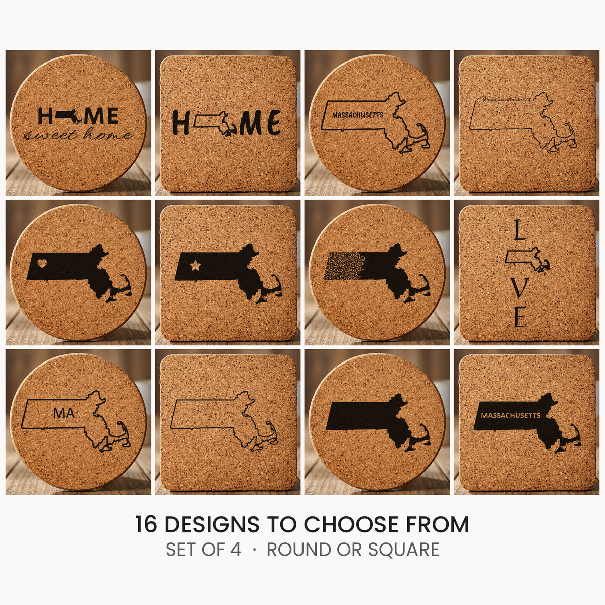 Massachusetts cork coaster set, laser engraved natural cork