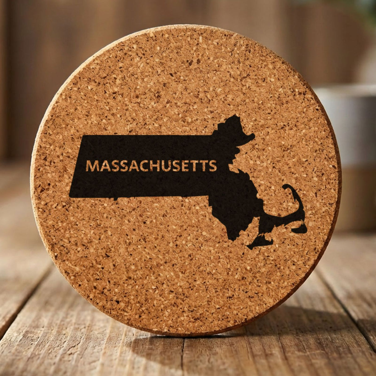Massachusetts round cork coaster engraved with the state shape and MASSACHUSETTS in bold lettering