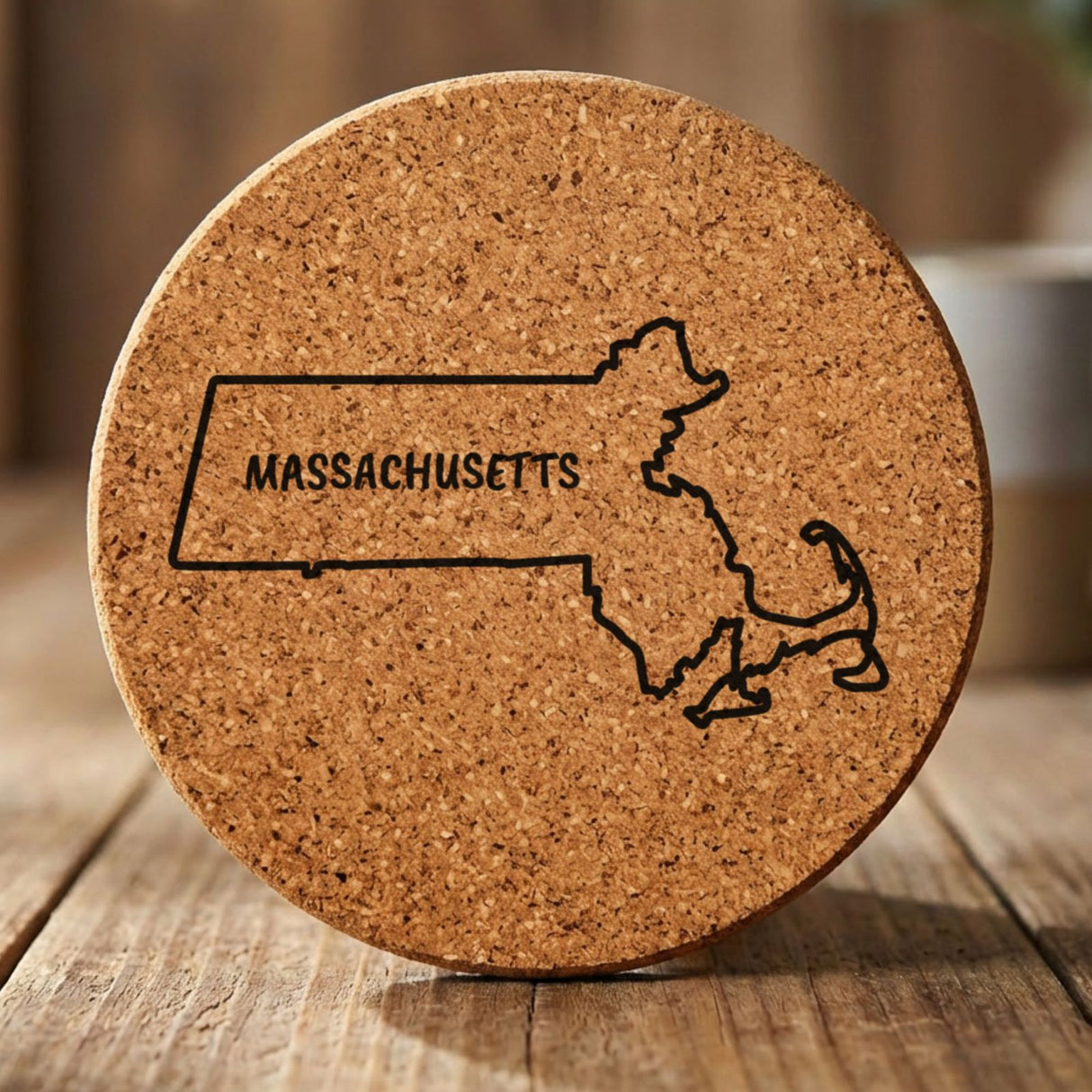 Massachusetts round cork coaster engraved with the state outline and MASSACHUSETTS in hand-drawn brush lettering