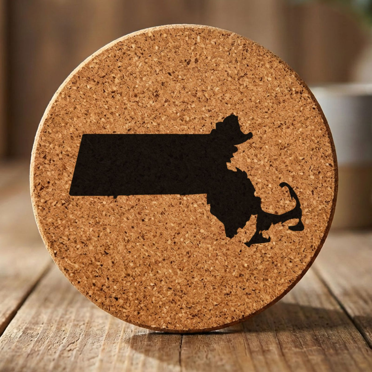 Massachusetts round cork coaster with the full state shape engraved