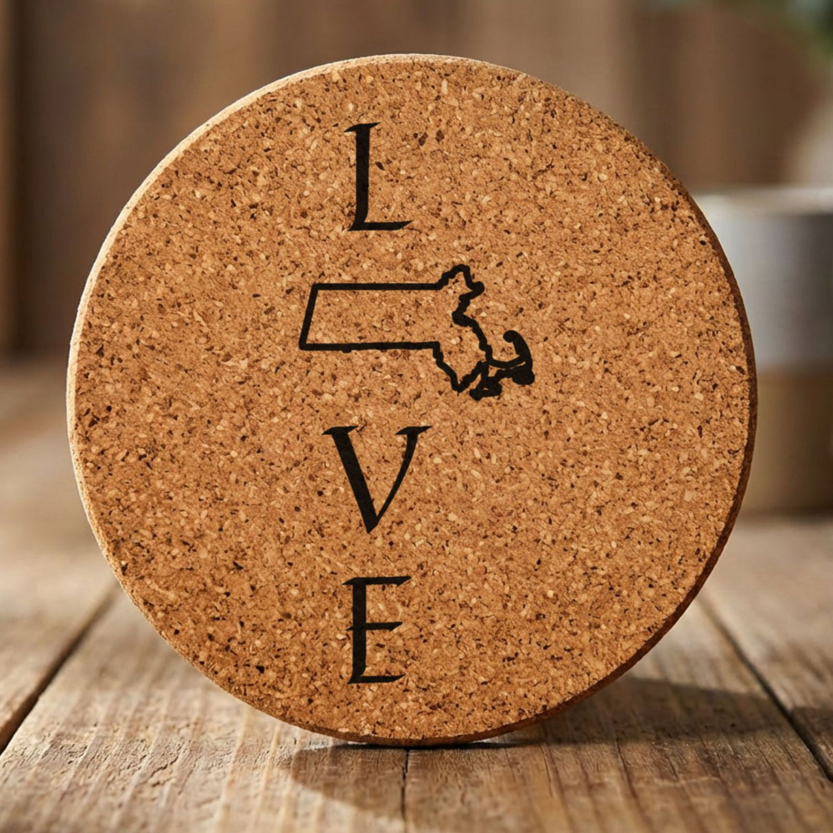 Massachusetts round cork coaster engraved with LOVE stacked vertically using the state as the letter O