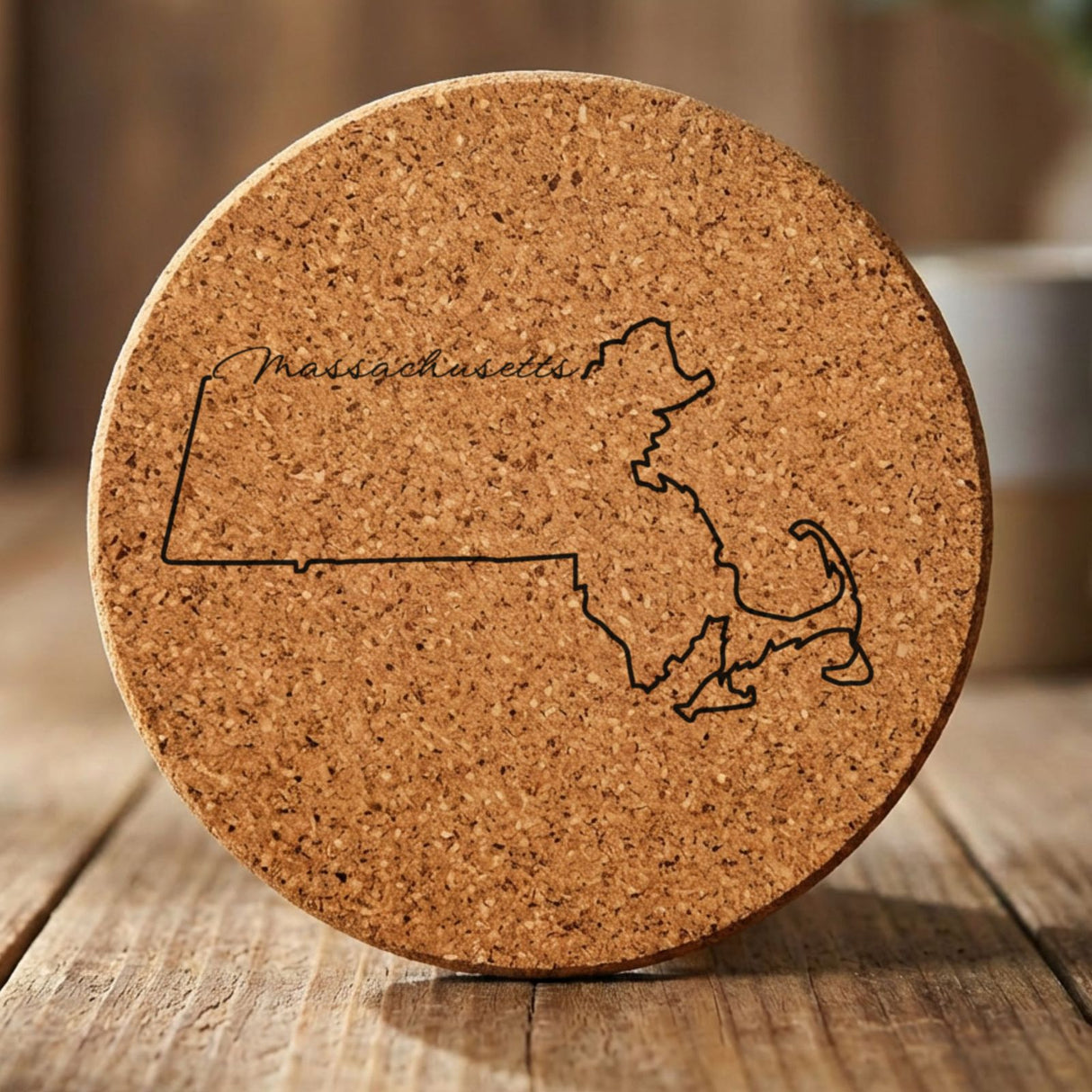Massachusetts round cork coaster engraved with the state outline and Massachusetts in script lettering