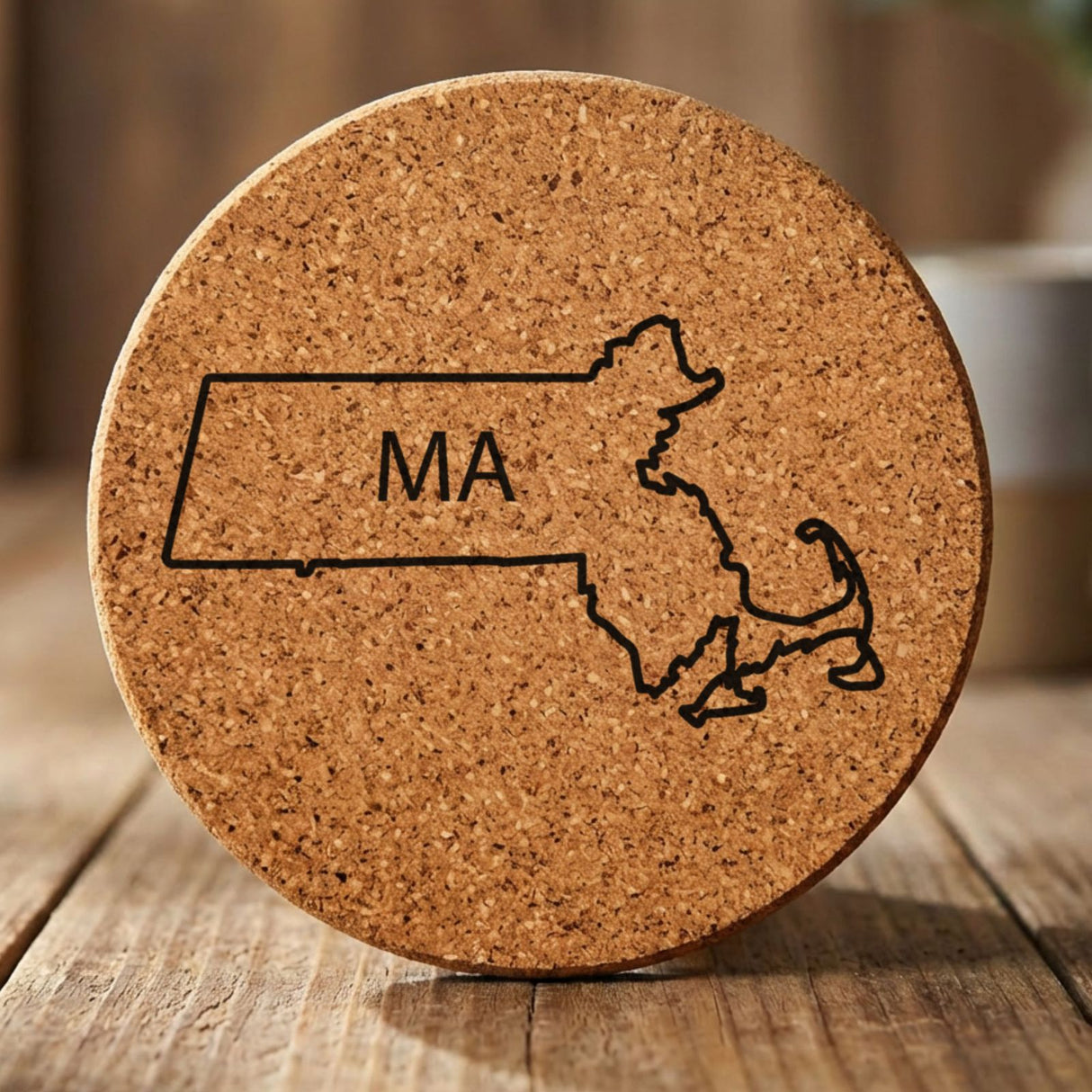 Massachusetts round cork coaster engraved with the state outline and MA initials