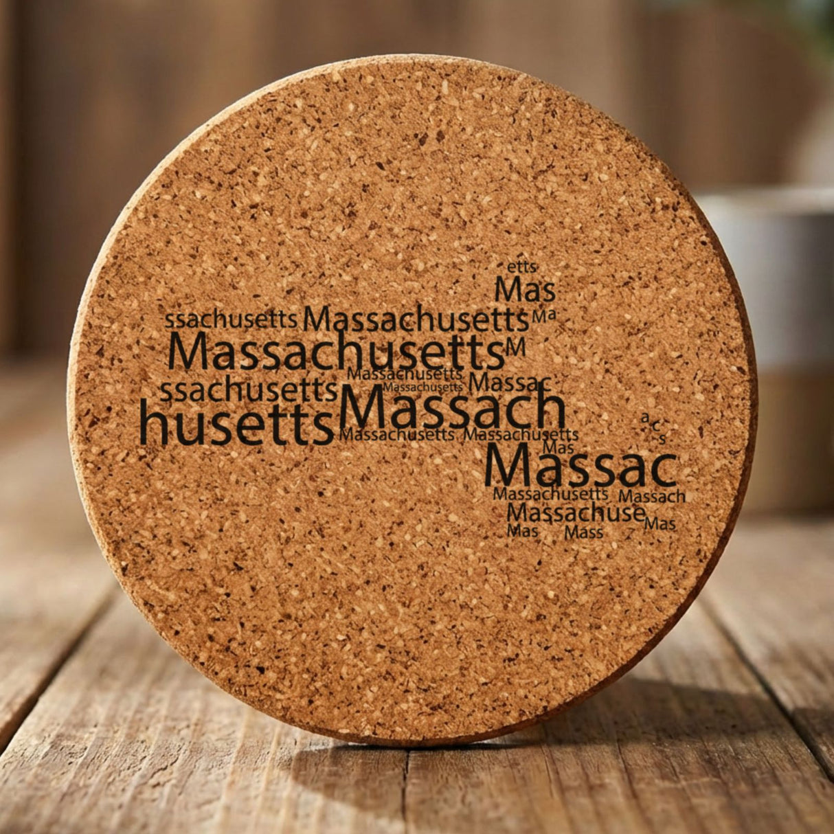 Massachusetts round cork coaster engraved with a word cloud of repeating Massachusetts text