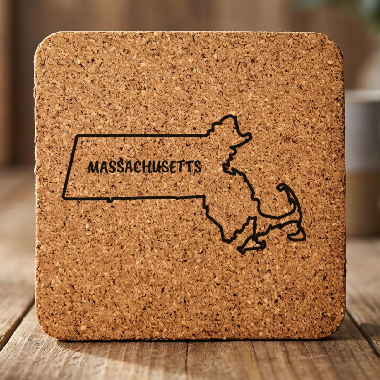 Massachusetts square cork coaster engraved with the state outline and MASSACHUSETTS in hand-drawn brush lettering