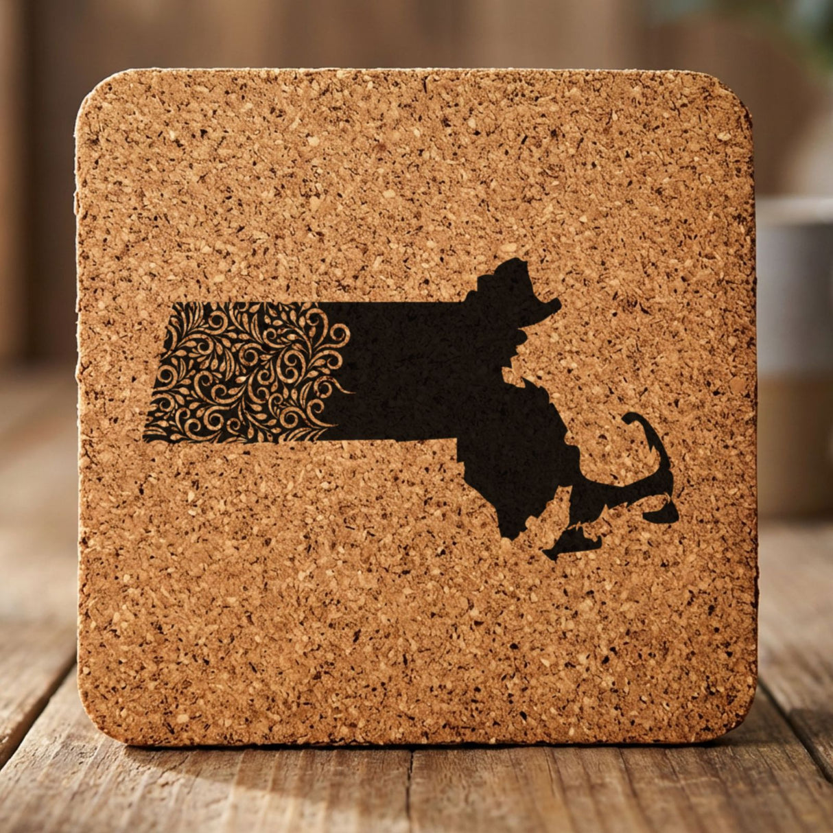 Massachusetts square cork coaster engraved with the state shape in ornate floral scrollwork