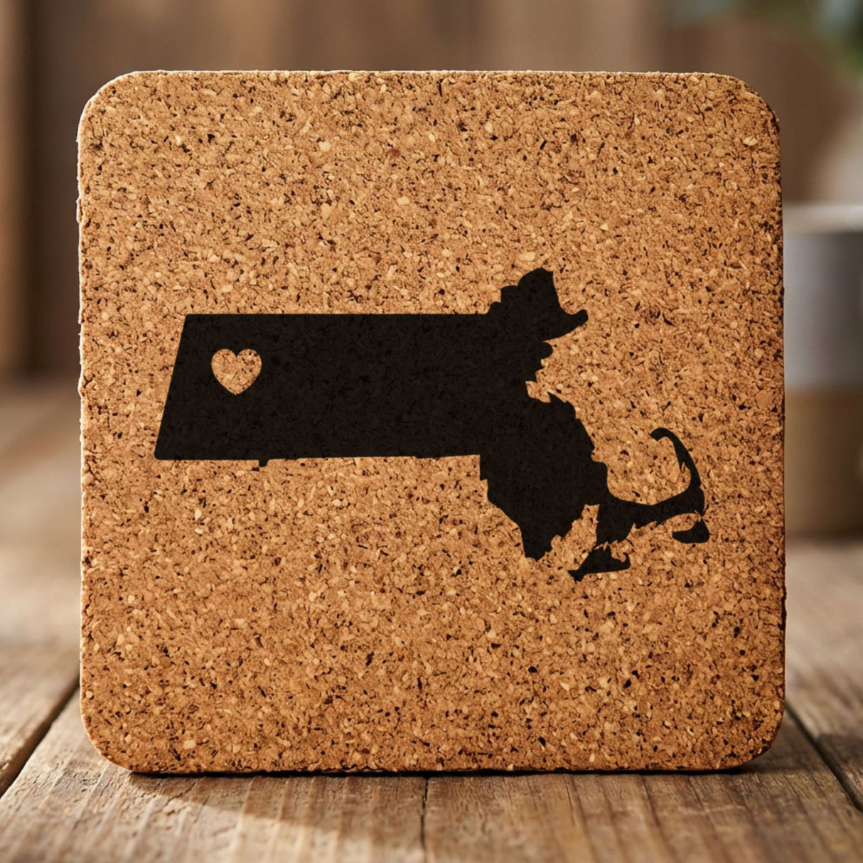 Massachusetts square cork coaster engraved with the state shape and a heart