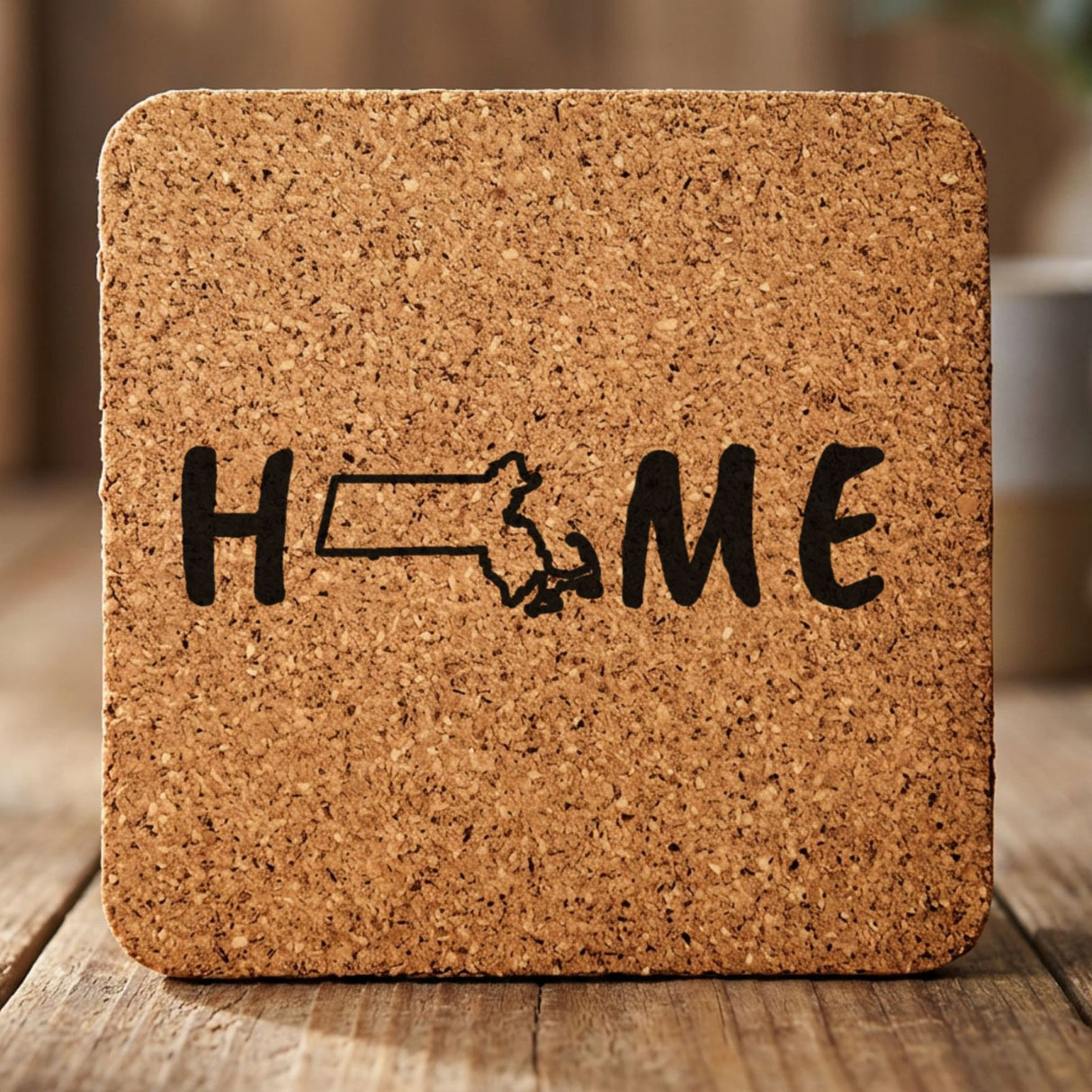 Massachusetts square cork coaster engraved with HOME using the state outline as the letter O