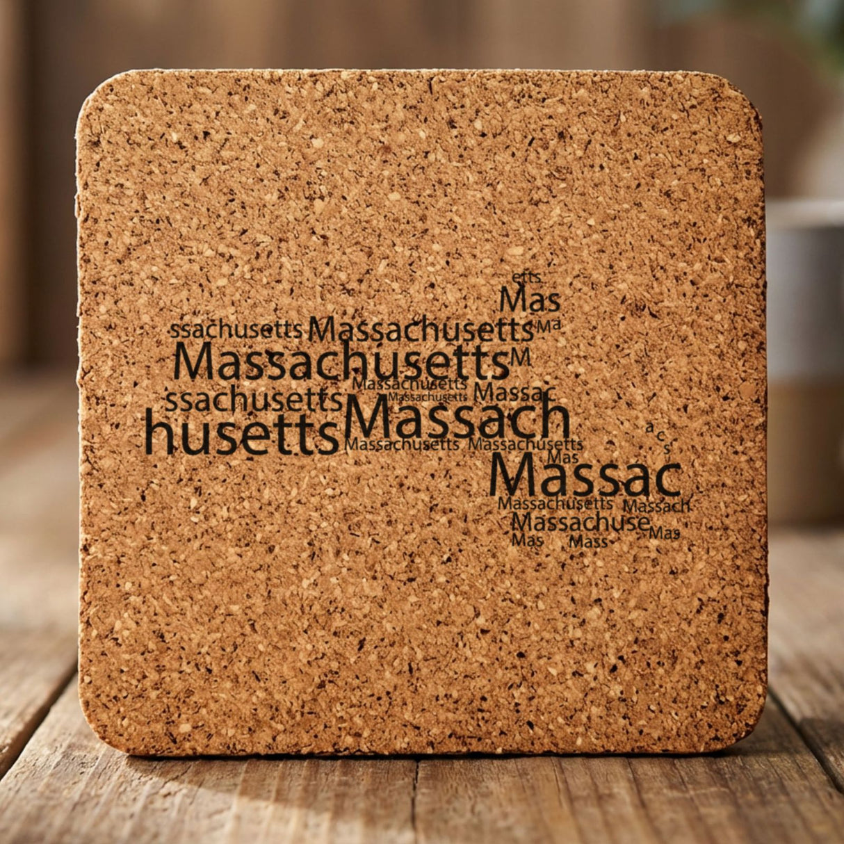 Massachusetts square cork coaster engraved with a word cloud of repeating Massachusetts text
