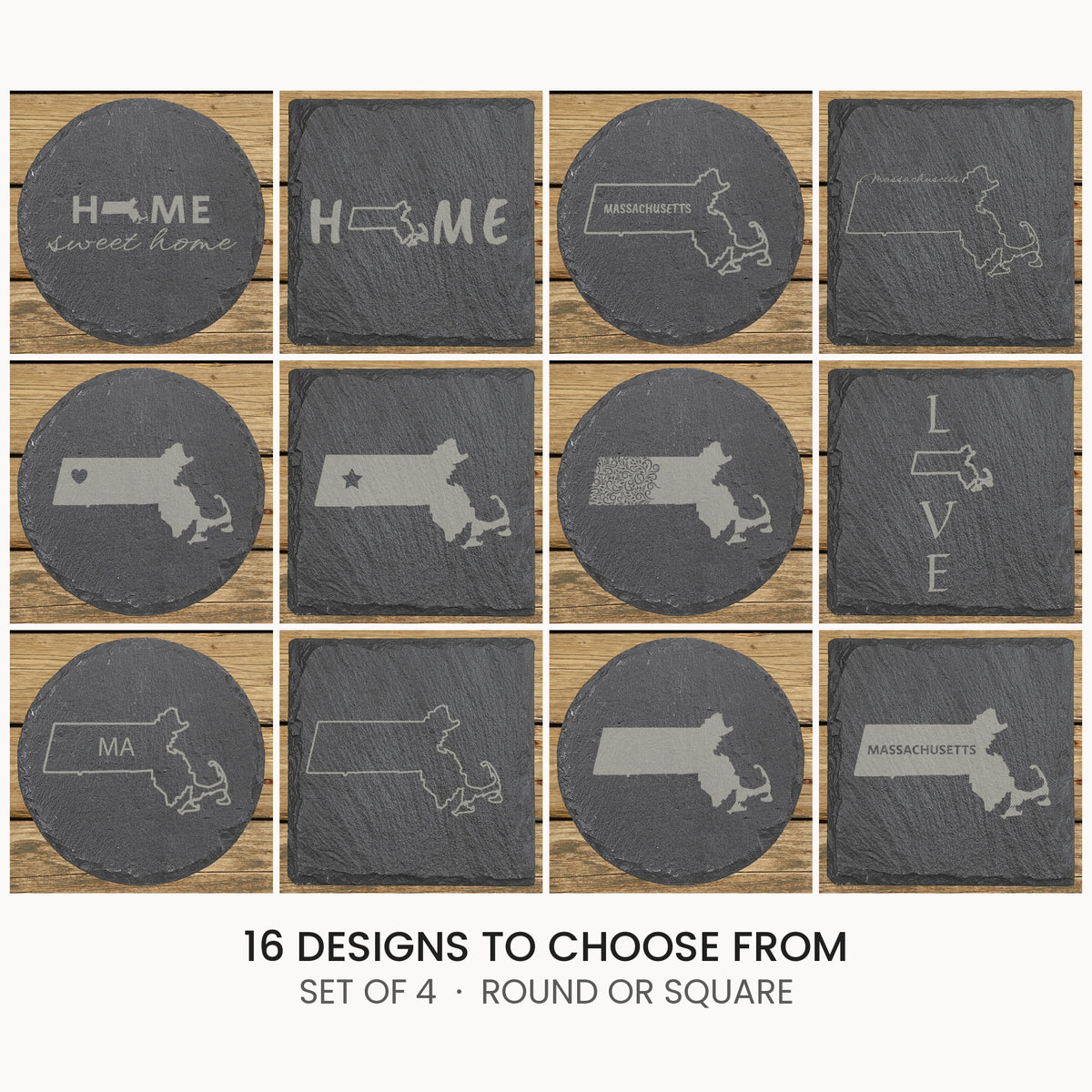 Massachusetts slate coaster set, laser engraved natural stone