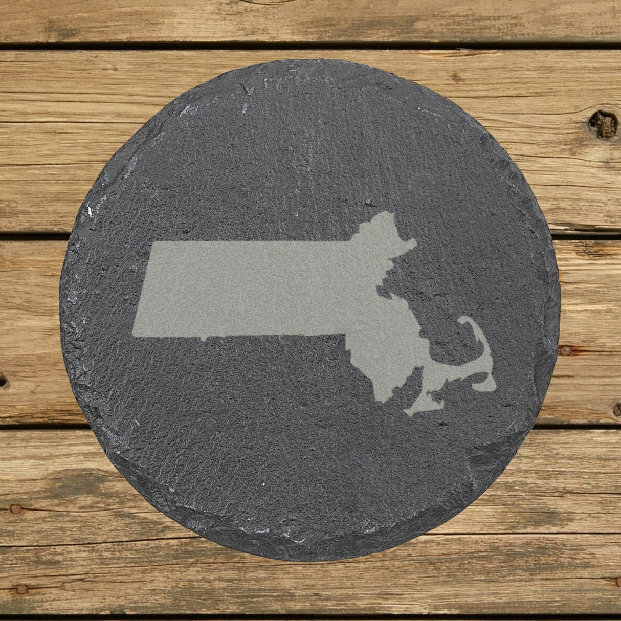 Massachusetts round slate coaster with the full state shape engraved