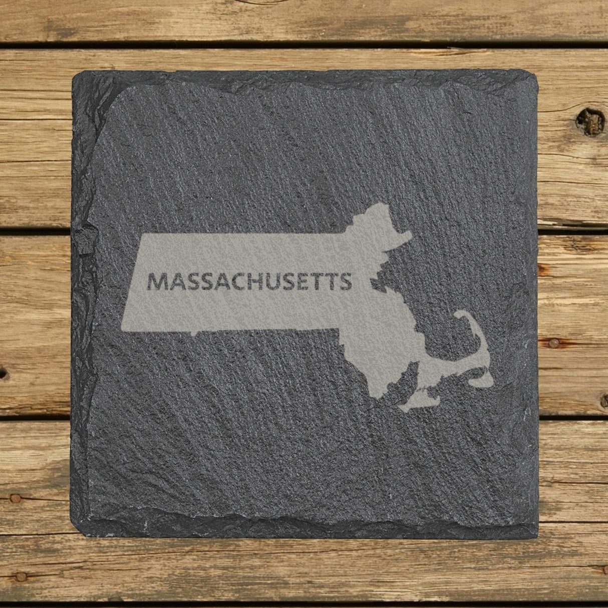 Massachusetts square slate coaster engraved with the state shape and MASSACHUSETTS in bold lettering