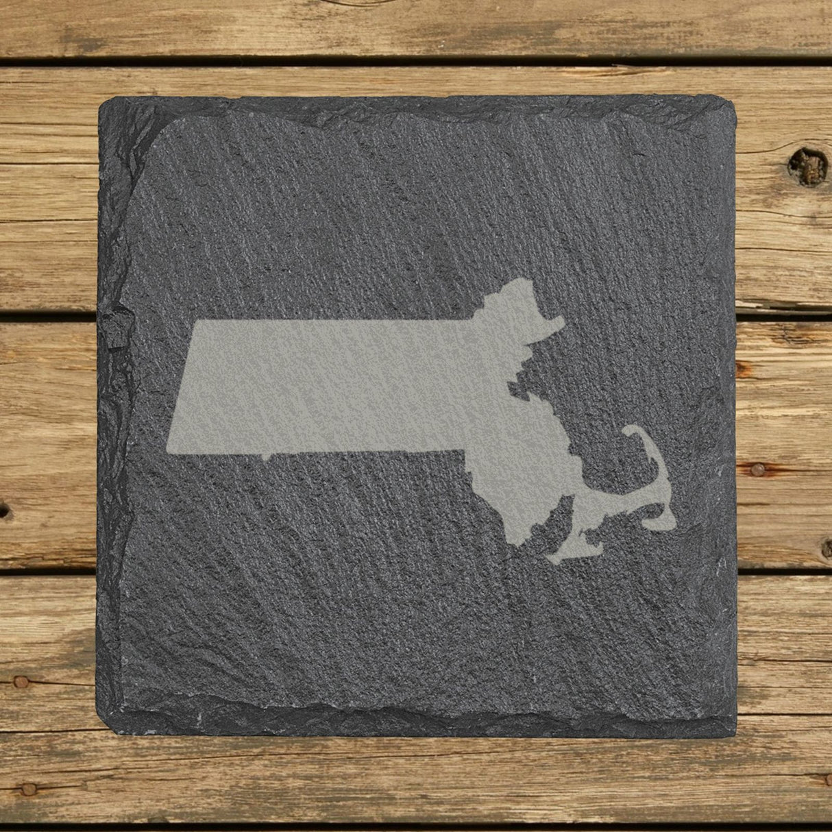 Massachusetts square slate coaster with the full state shape engraved