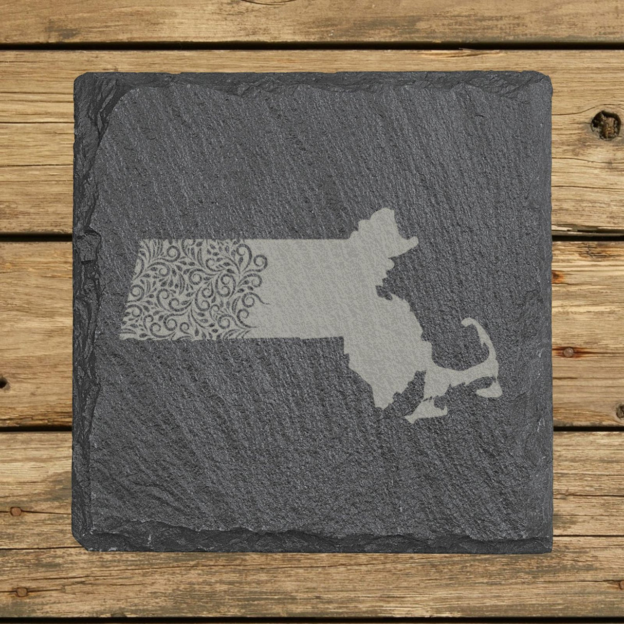Massachusetts square slate coaster engraved with the state shape in ornate floral scrollwork