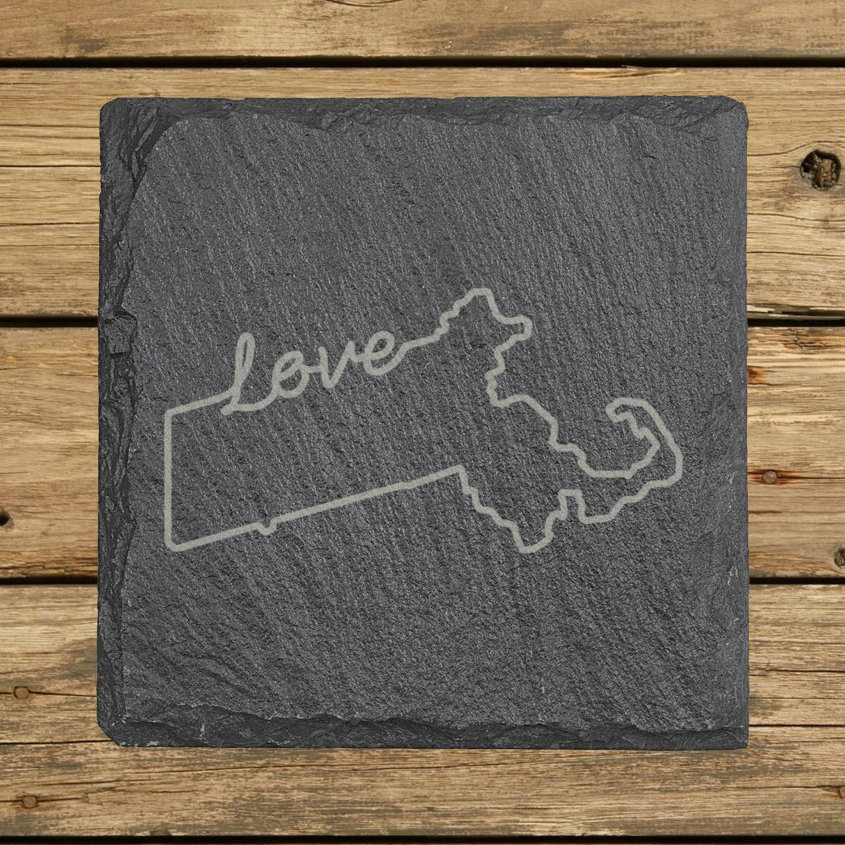 Massachusetts square slate coaster engraved with a hand-drawn state outline and love in cursive