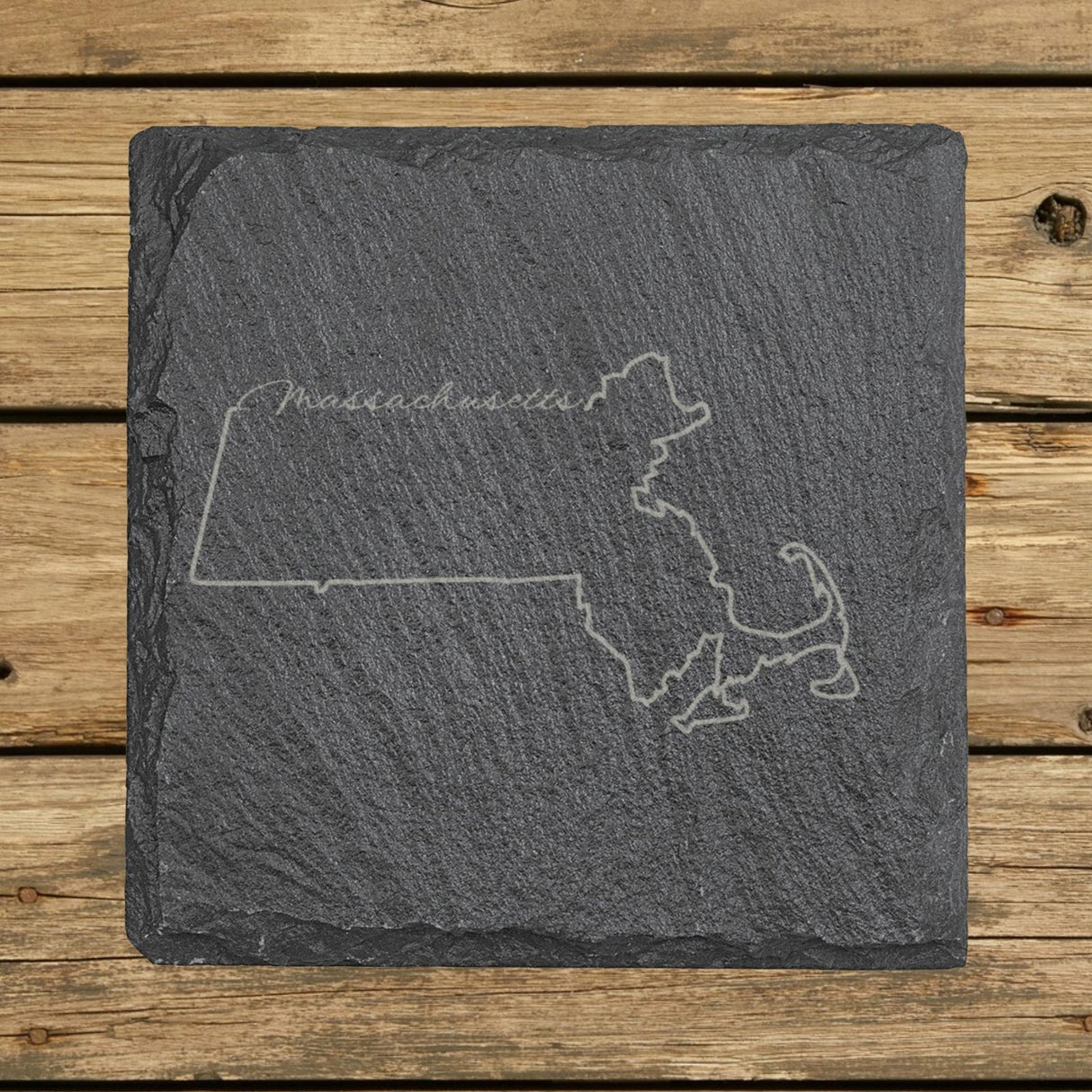 Massachusetts square slate coaster engraved with the state outline and Massachusetts in script lettering