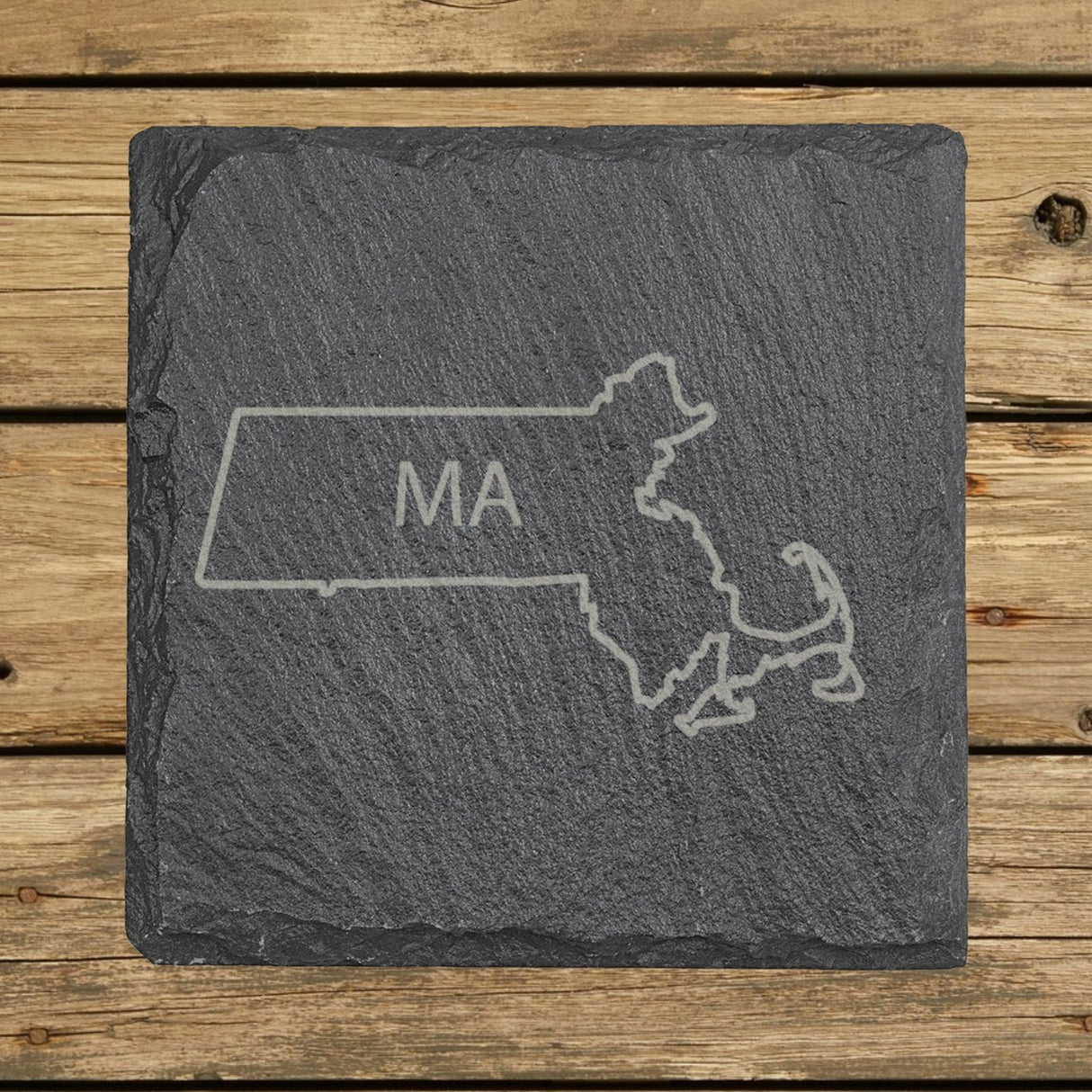 Massachusetts square slate coaster engraved with the state outline and MA initials
