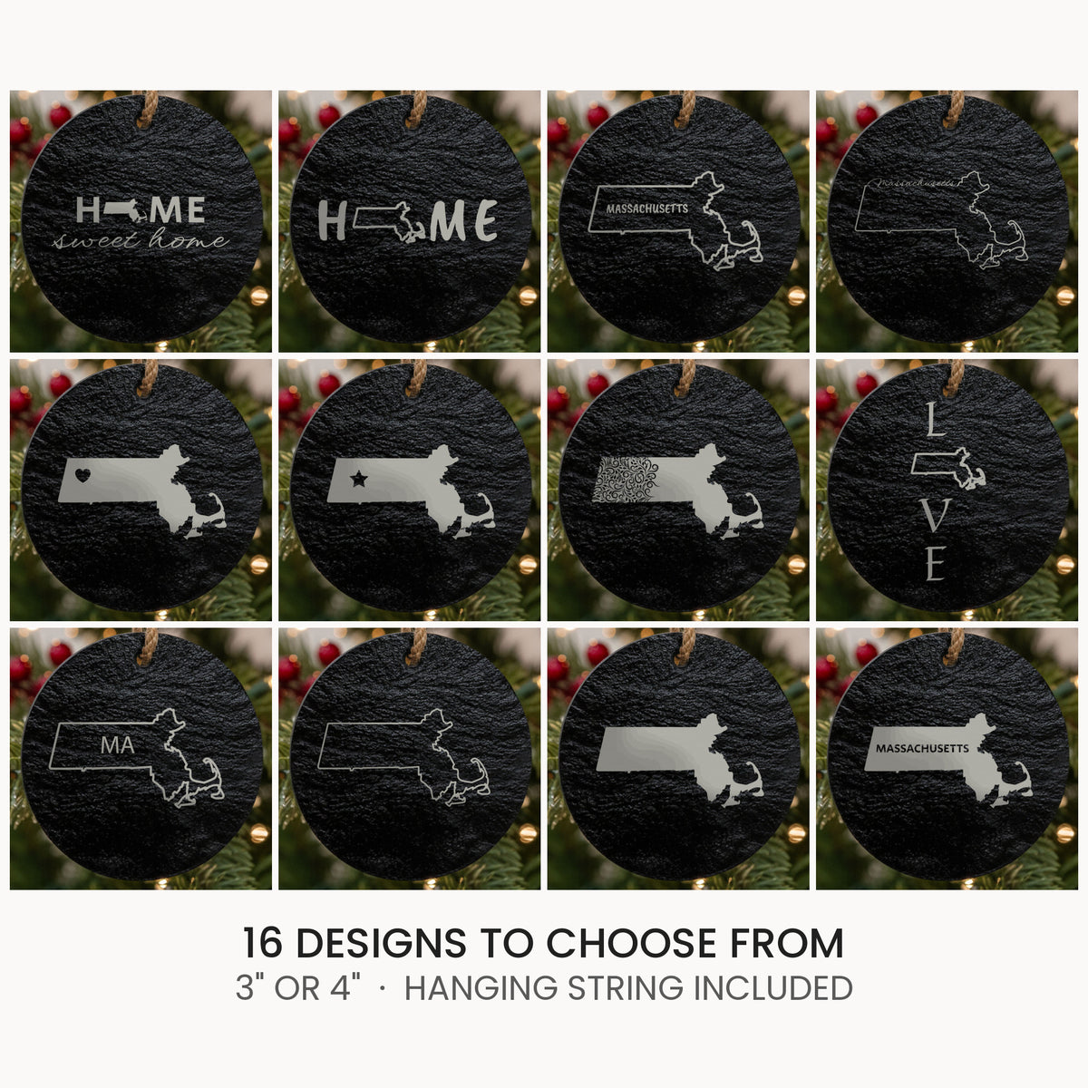 Massachusetts slate Christmas ornament, laser engraved natural stone