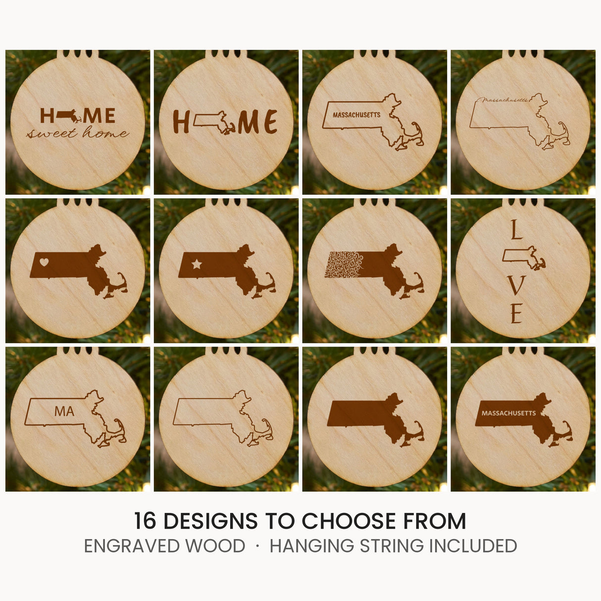 Massachusetts wood Christmas ornament, laser engraved natural wood