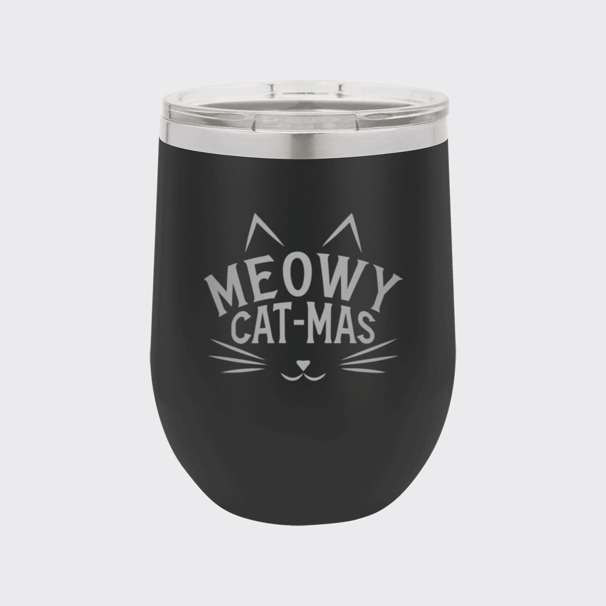 Black 12 oz stemless wine tumbler laser engraved with "Meowy Cat-Mas"
