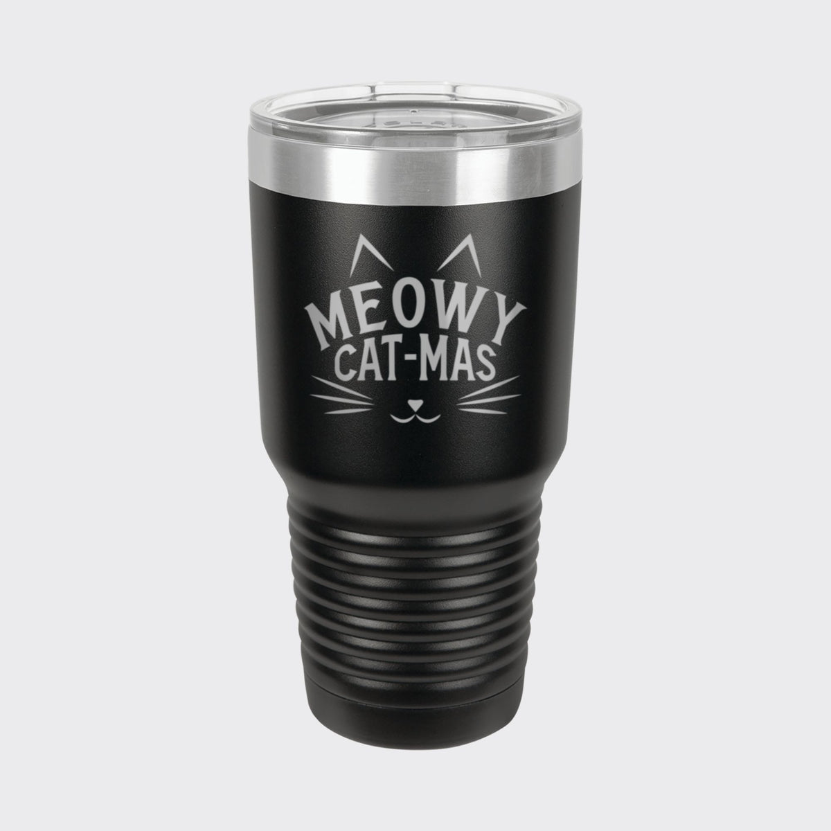 Black 30 oz tumbler laser engraved with "Meowy Cat-Mas"