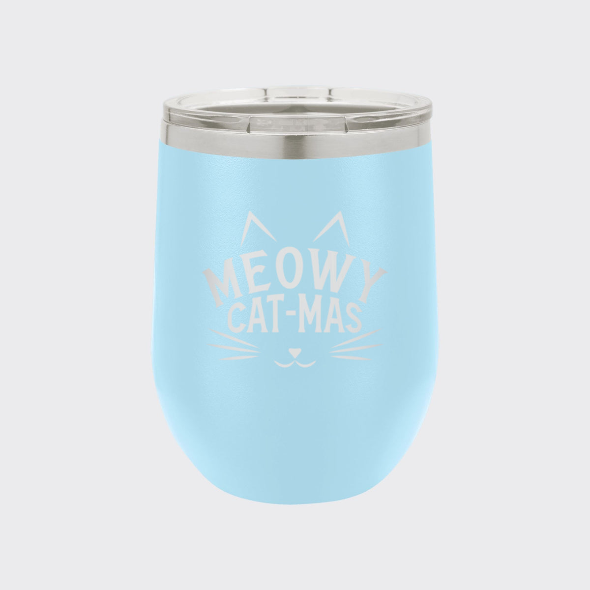 Light Blue 12 oz stemless wine tumbler laser engraved with "Meowy Cat-Mas"