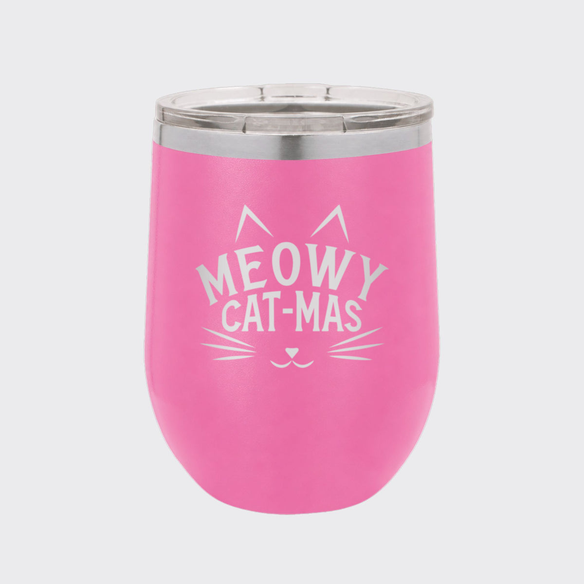 Pink 12 oz stemless wine tumbler laser engraved with "Meowy Cat-Mas"