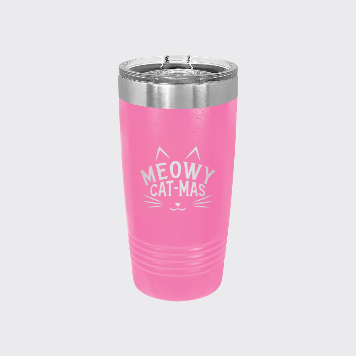 Pink 20 oz tumbler laser engraved with "Meowy Cat-Mas"